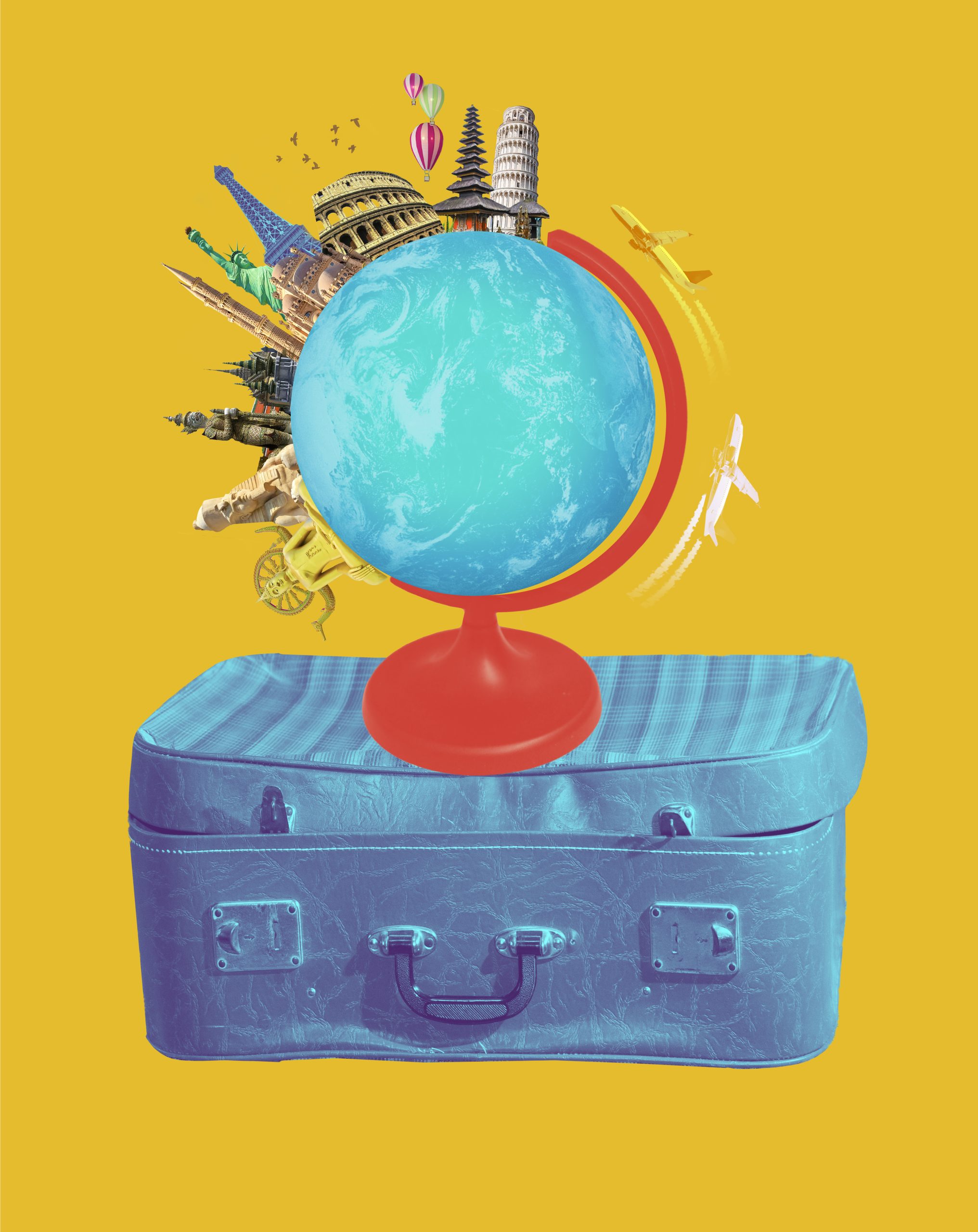 World religious and architecture monuments collage or globe from different religions from asia and europe. travel and tourism with famous world landmarks.