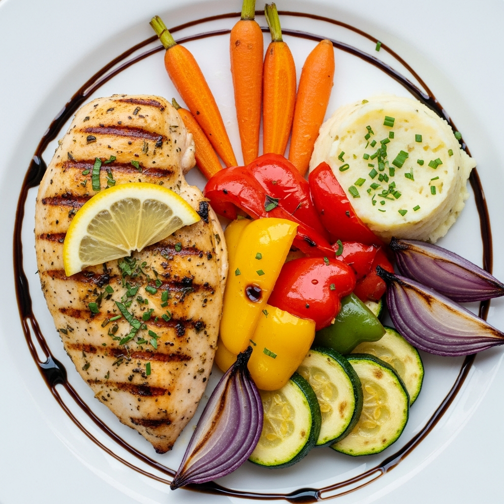 Grilled Lemon Herb Chicken with Roasted Rainbow Vegetables & Garlic Mashed Potatoes